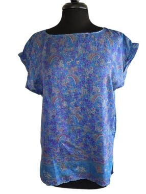 Matta Silk Top M Boho Chic Summer Lightweight  Blue Paisley Short-Sleeve Blouse